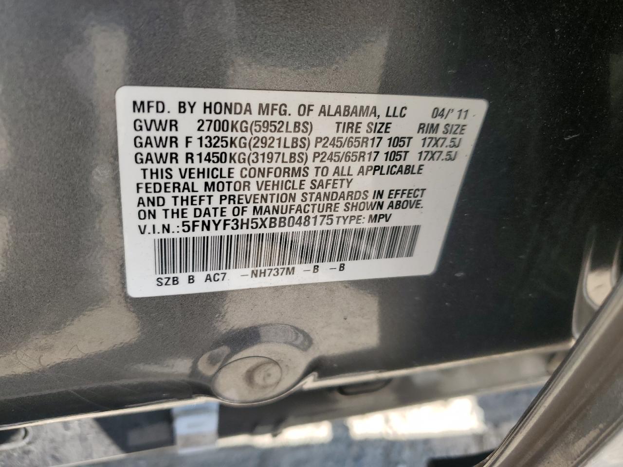 5FNYF3H5XBB048175 2011 Honda Pilot Exl