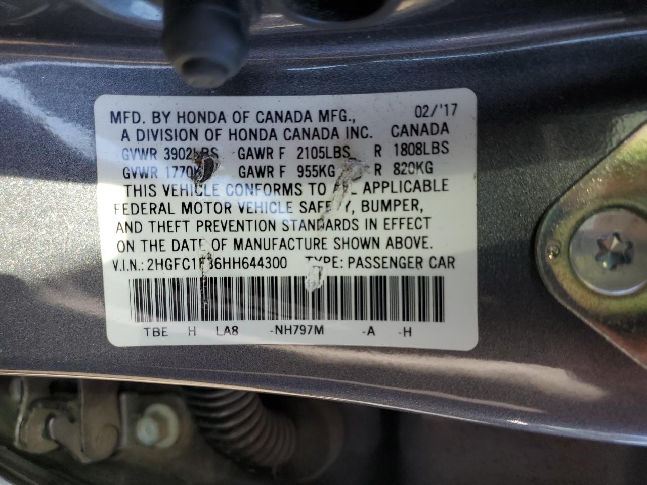 2HGFC1F36HH644300 2017 Honda Civic Ex