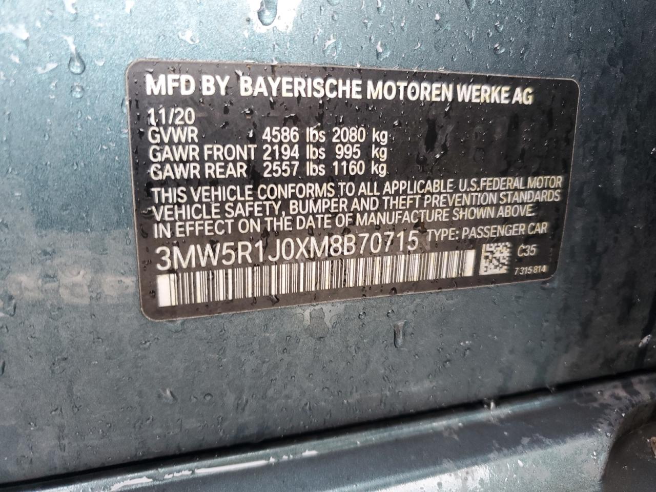 2021 BMW 330I VIN: 3MW5R1J0XM8B70715 Lot: 74655684