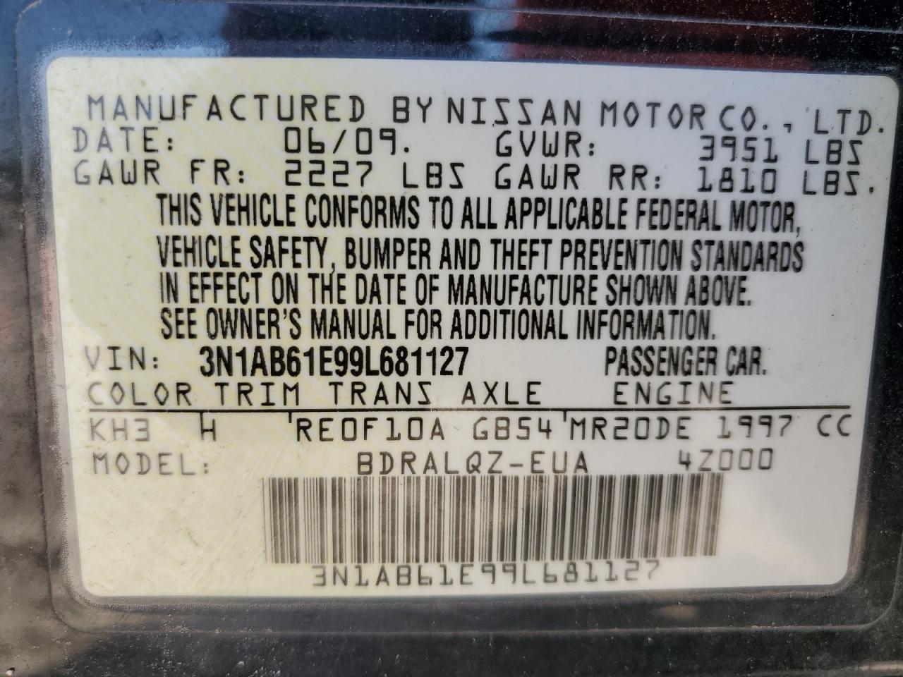 2009 Nissan Sentra 2.0 VIN: 3N1AB61E99L681127 Lot: 74102014