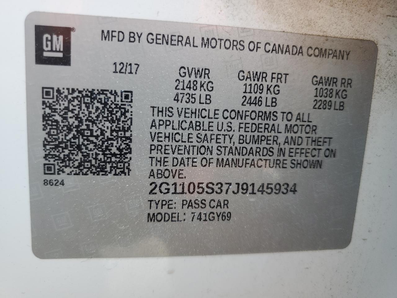 2G1105S37J9145934 2018 Chevrolet Impala Lt