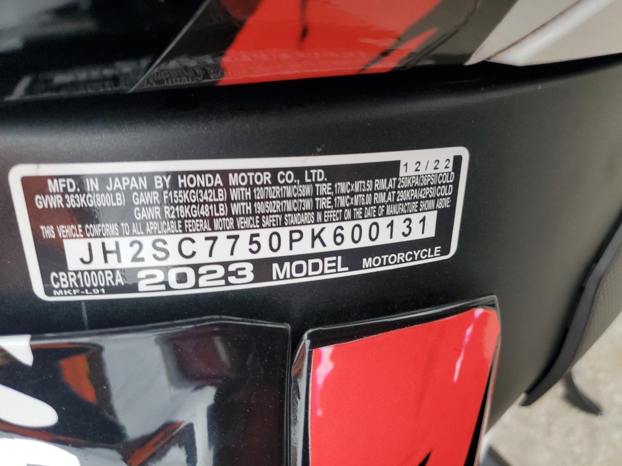 2023 Honda Cbr1000 Ra VIN: JH2SC7750PK600131 Lot: 77889244