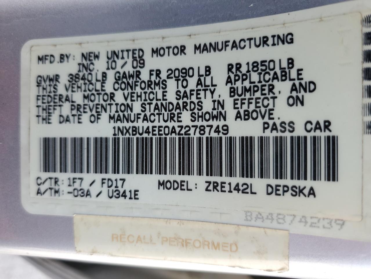 1NXBU4EE0AZ278749 2010 Toyota Corolla Base