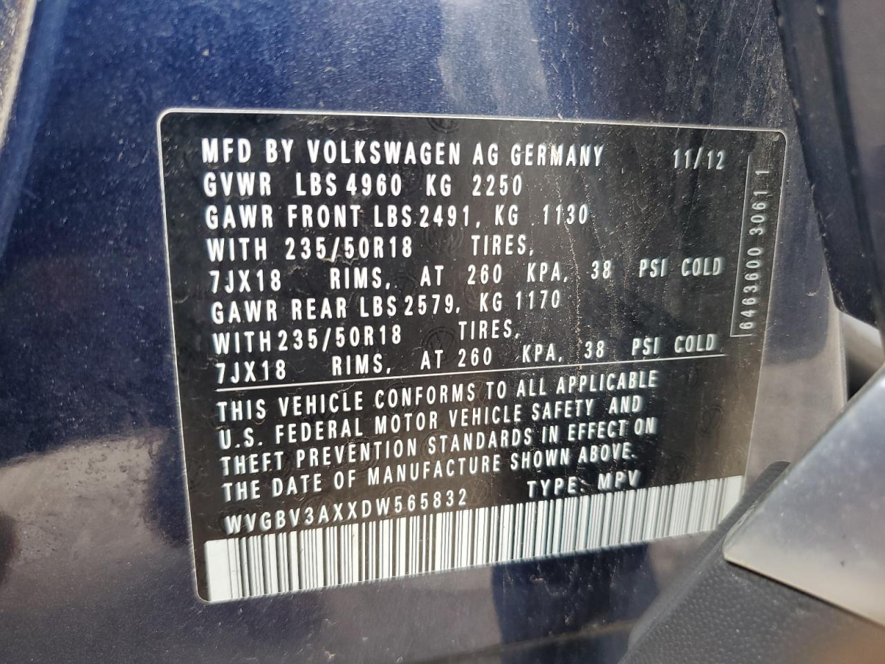 2013 Volkswagen Tiguan S VIN: WVGBV3AXXDW565832 Lot: 73592414