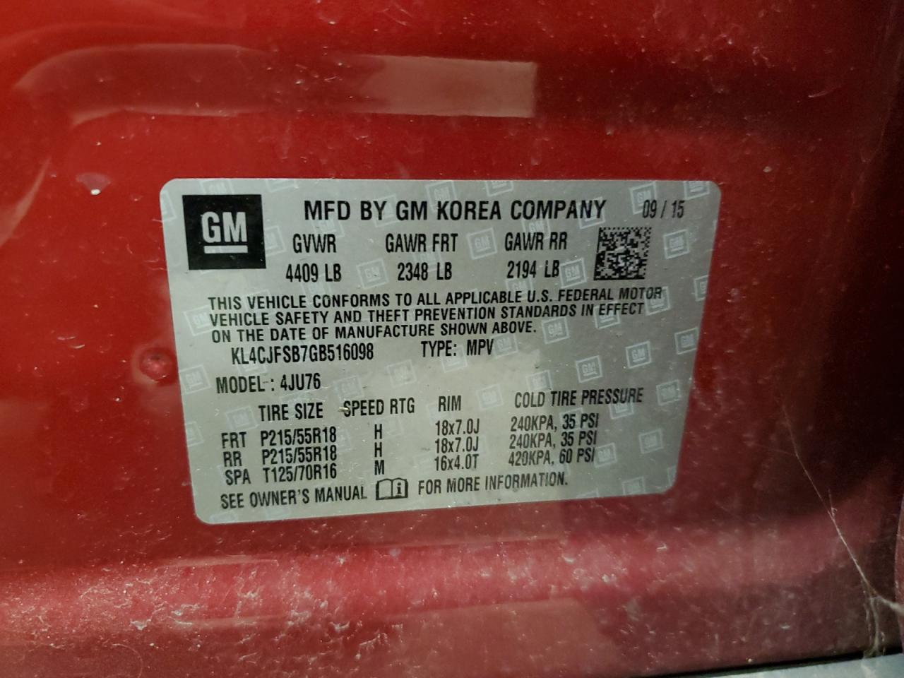 2016 Buick Encore Convenience VIN: KL4CJFSB7GB516098 Lot: 78327294