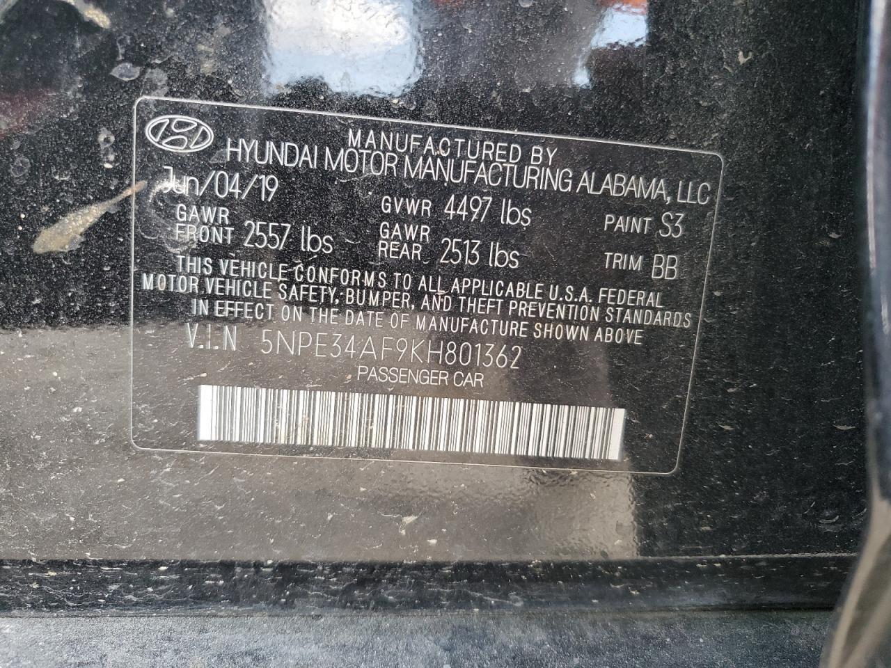 5NPE34AF9KH801362 2019 Hyundai Sonata Limited