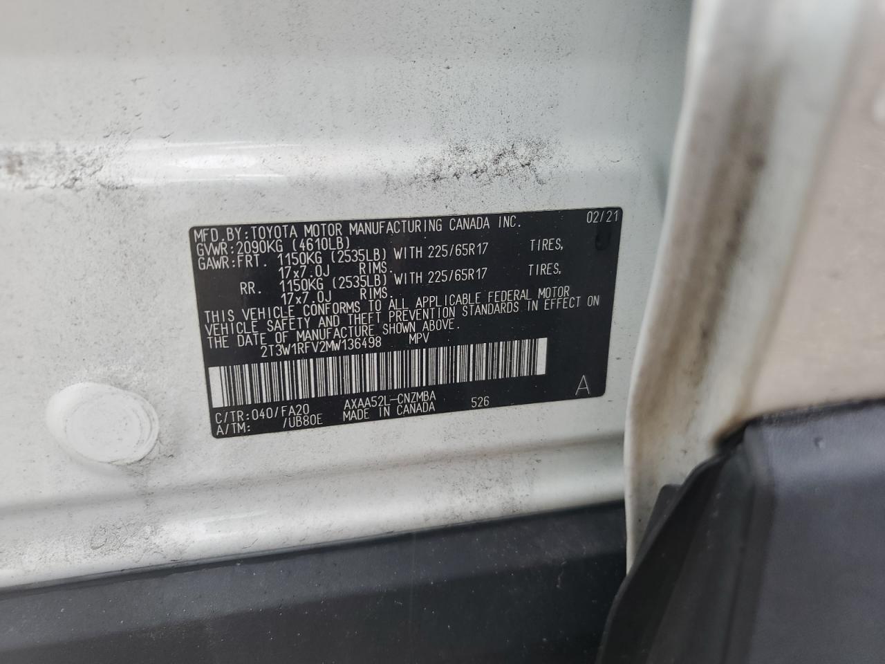 2T3W1RFV2MW136498 2021 Toyota Rav4 Xle