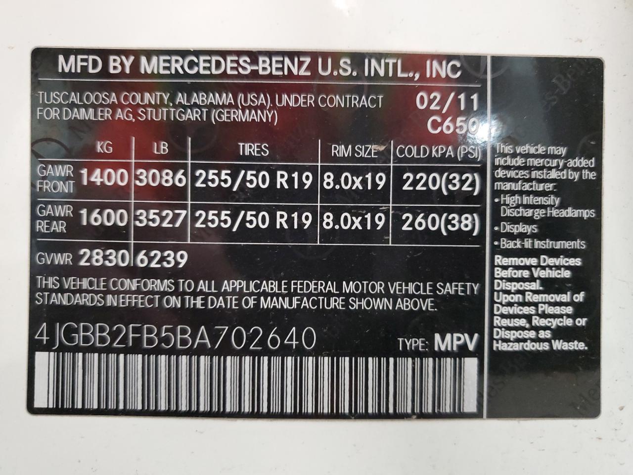 2011 Mercedes-Benz Ml 350 Bluetec VIN: 4JGBB2FB5BA702640 Lot: 77885344