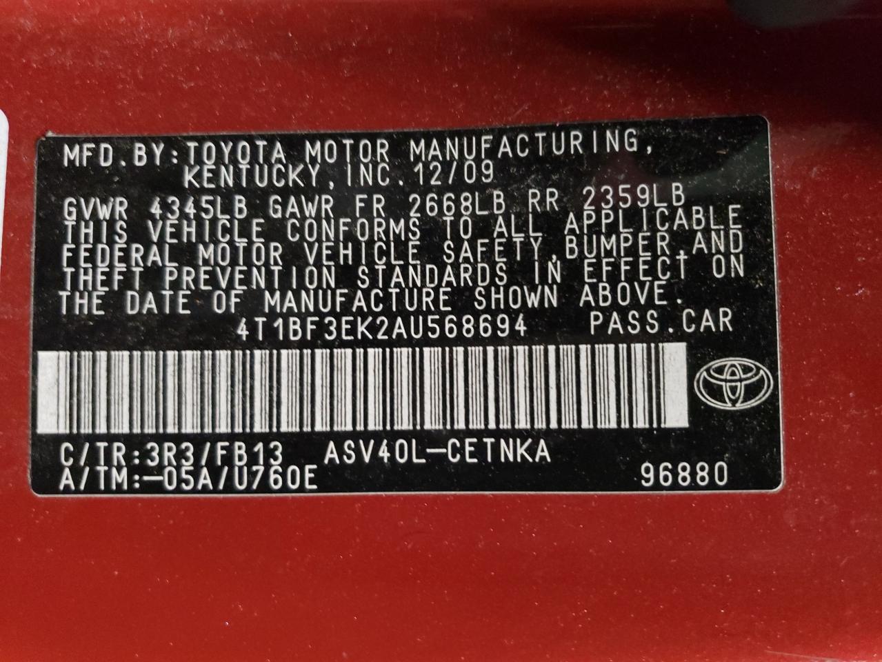 2010 Toyota Camry Base VIN: 4T1BF3EK2AU568694 Lot: 74066644