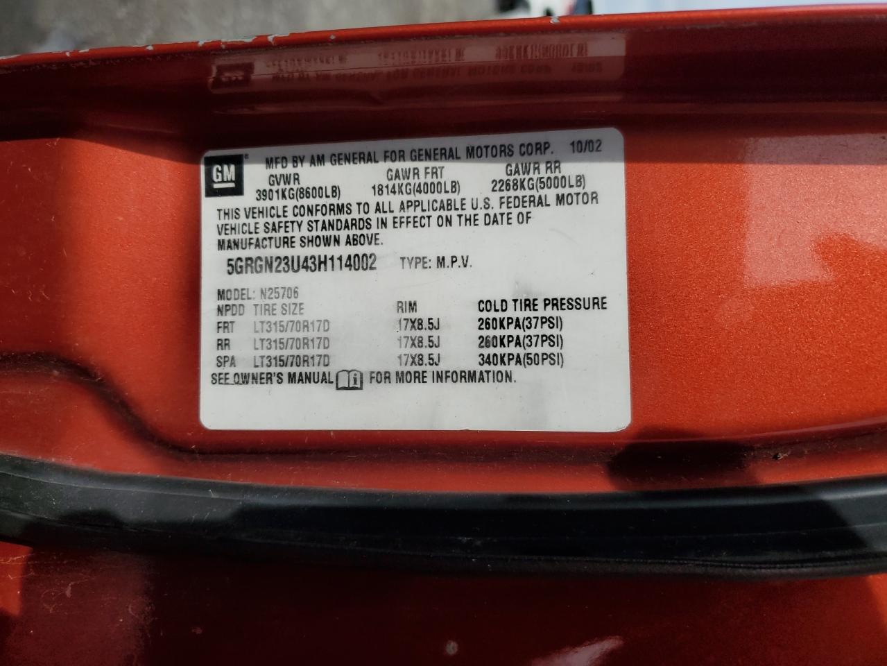 2003 Hummer H2 VIN: 5GRGN23U43H114002 Lot: 78552954