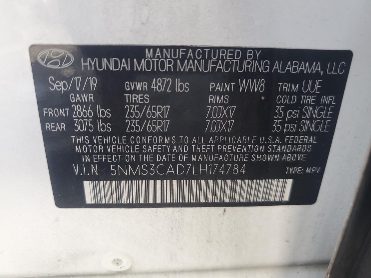 2020 Hyundai Santa Fe Sel VIN: 5NMS3CAD7LH174784 Lot: 74436264