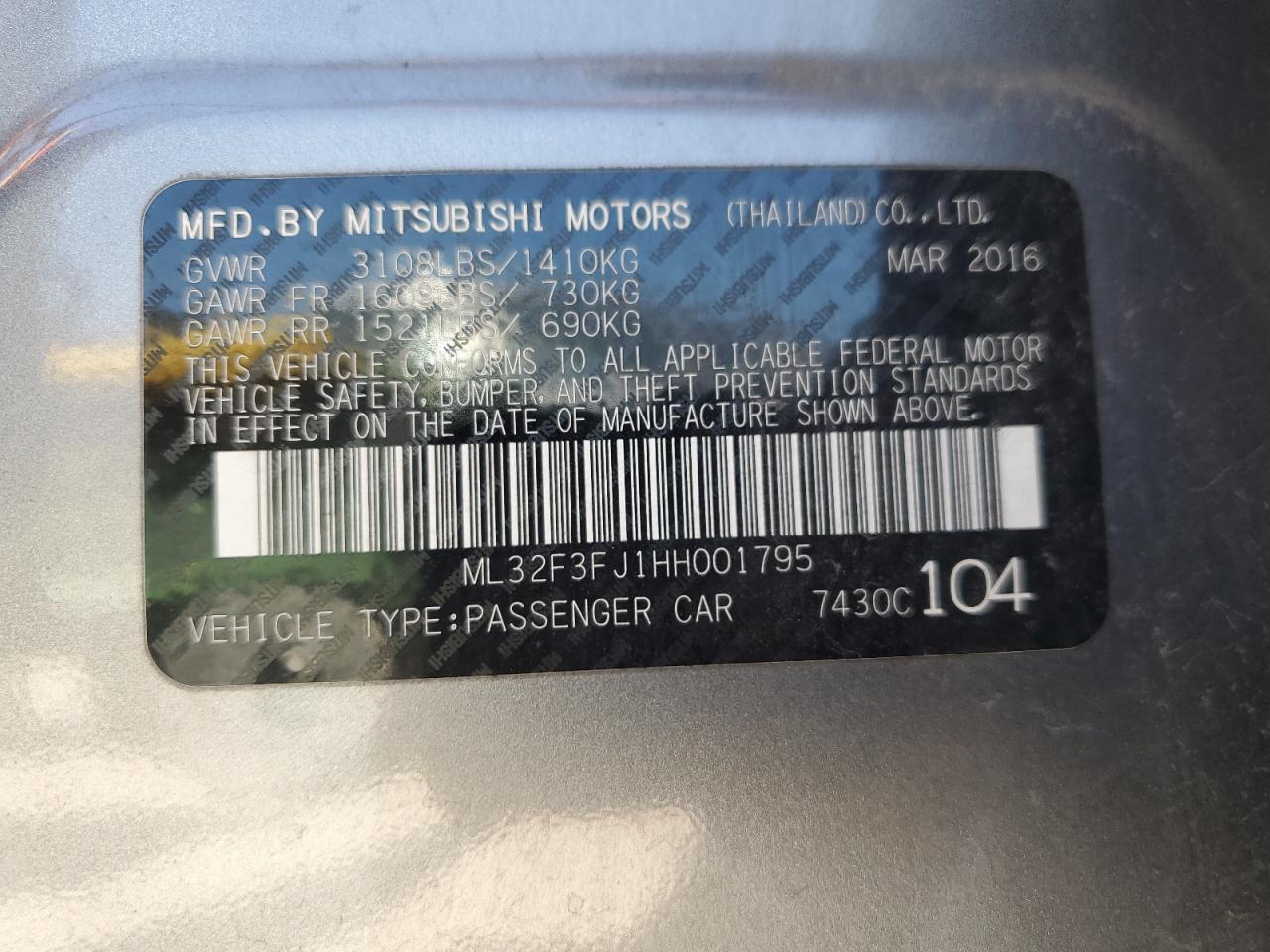 2017 Mitsubishi Mirage G4 Es VIN: ML32F3FJ1HH001795 Lot: 75515594