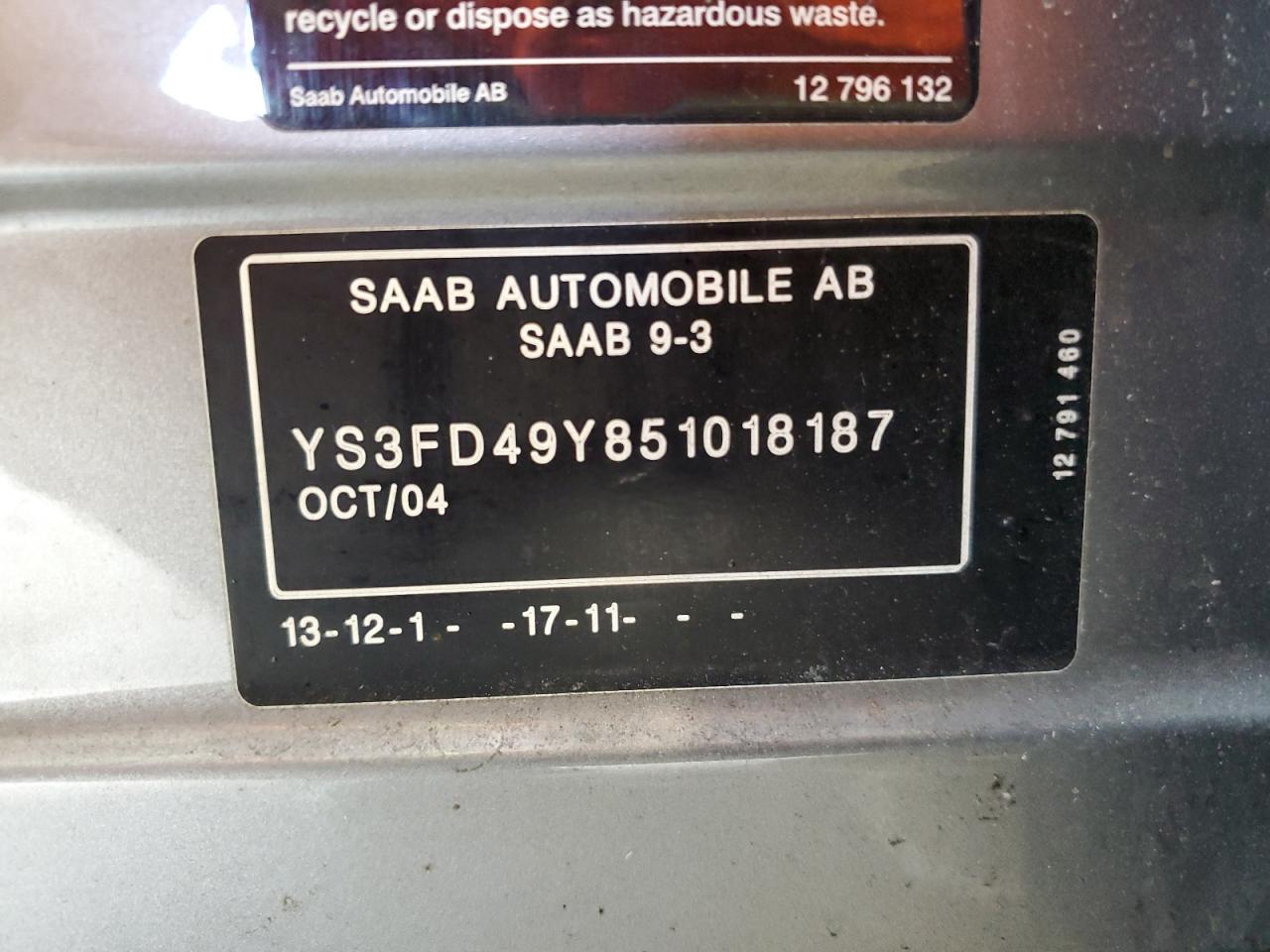 YS3FD49Y851018187 2005 Saab 9-3 Arc