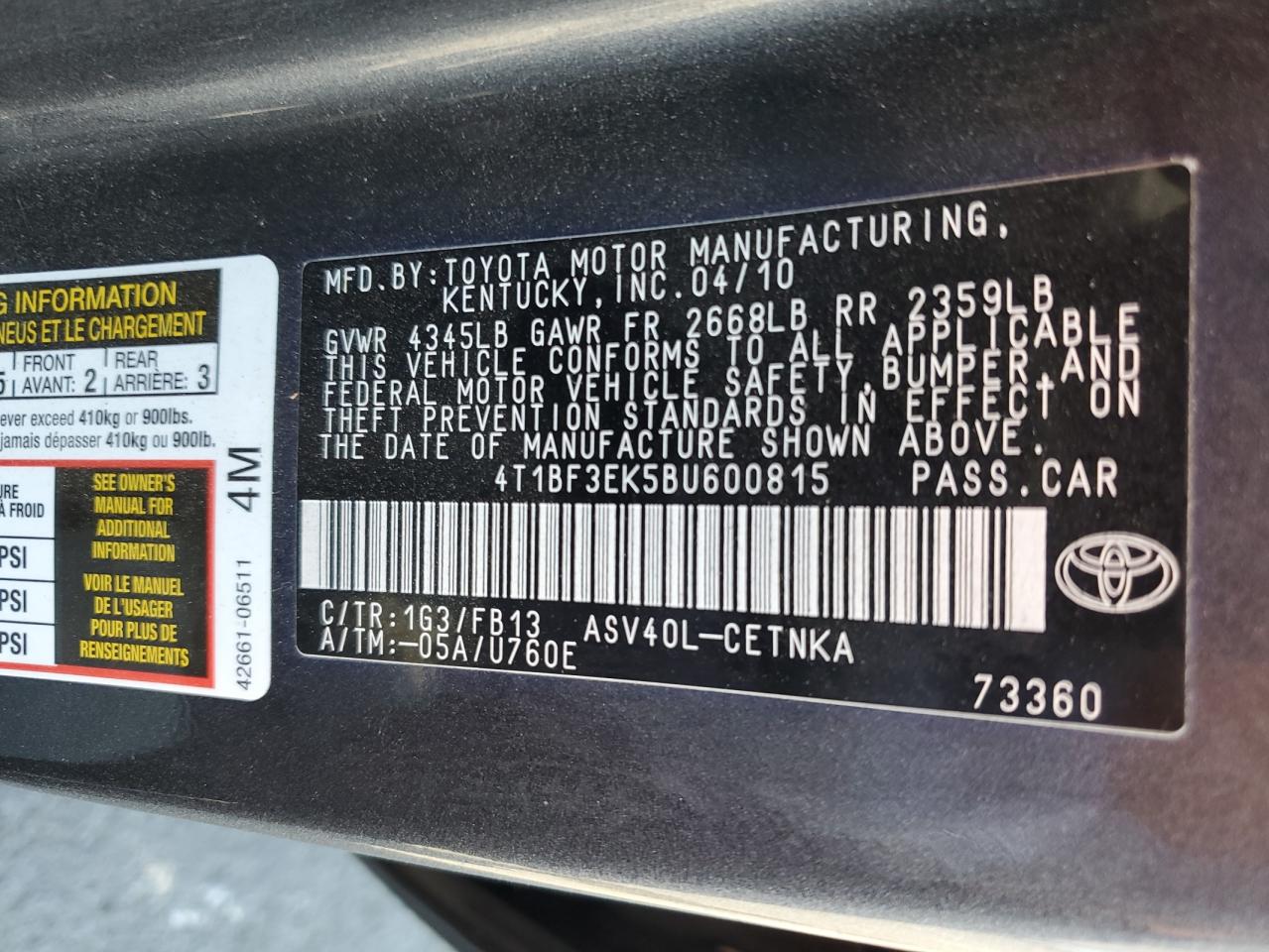 4T1BF3EK5BU600815 2011 Toyota Camry Base