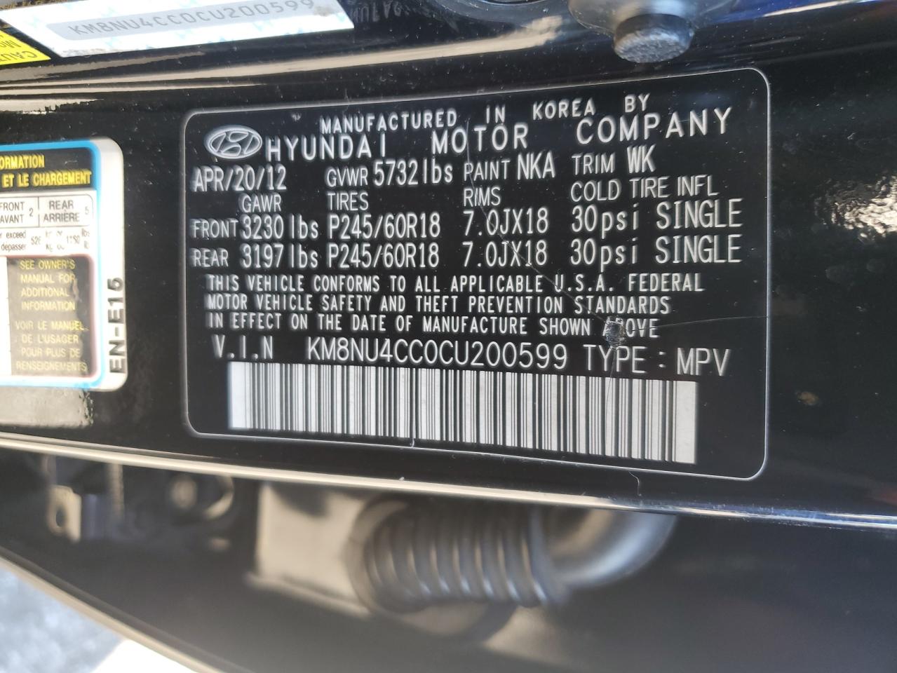 2012 Hyundai Veracruz Gls VIN: KM8NU4CC0CU200599 Lot: 76673734