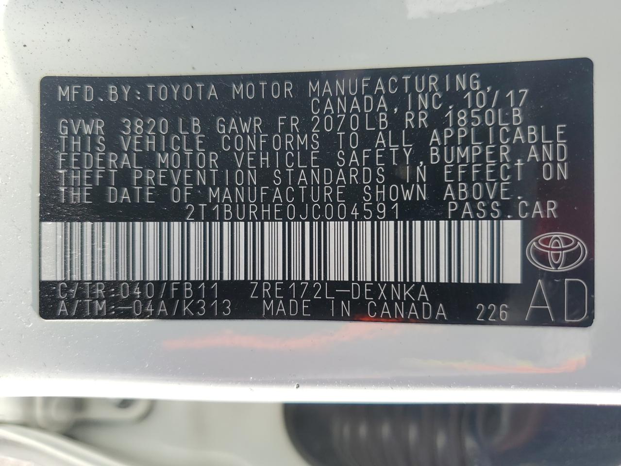 2T1BURHE0JC004591 2018 TOYOTA COROLLA - Image 14