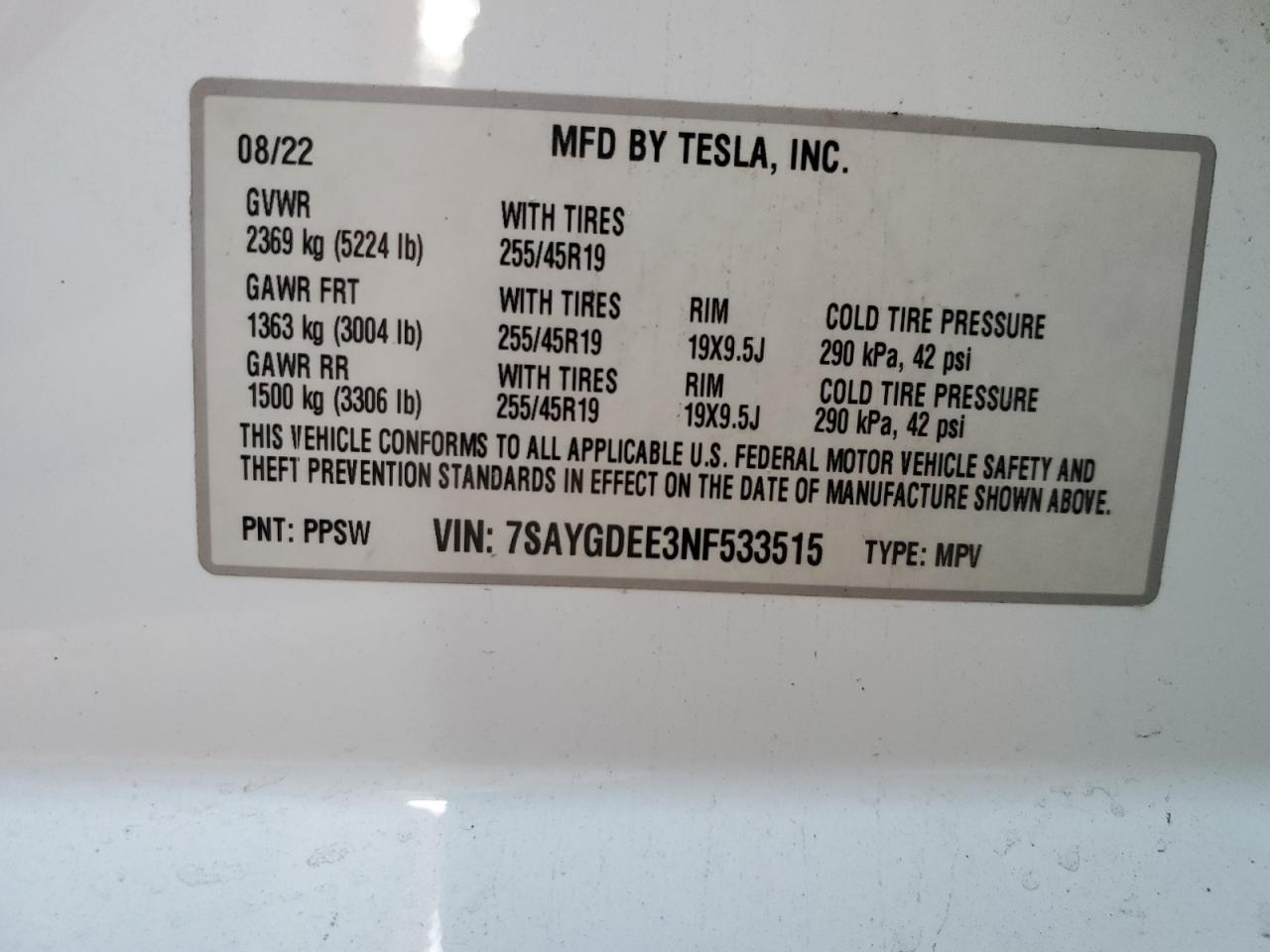 VIN 7SAYGDEE3NF533515 2022 TESLA MODEL Y no.12