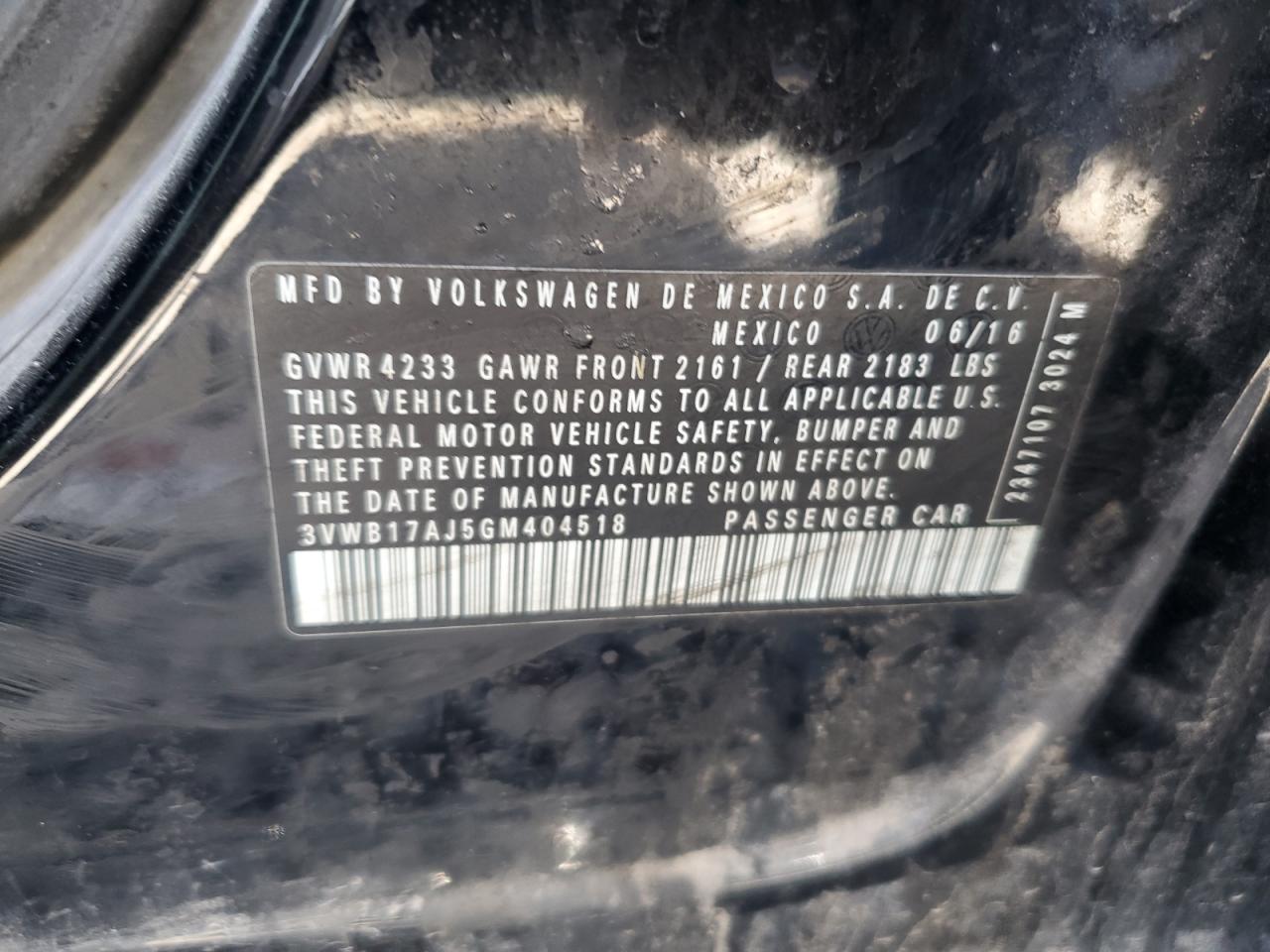 2016 Volkswagen Jetta Sport VIN: 3VWB17AJ5GM404518 Lot: 73253594