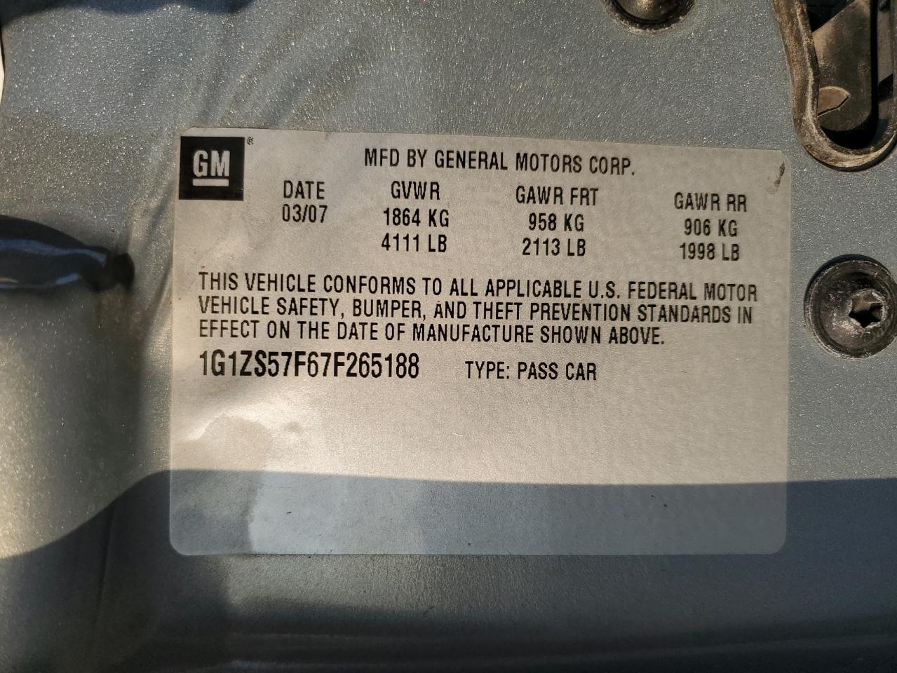 2007 Chevrolet Malibu Ls VIN: 1G1ZS57F67F265188 Lot: 73979274