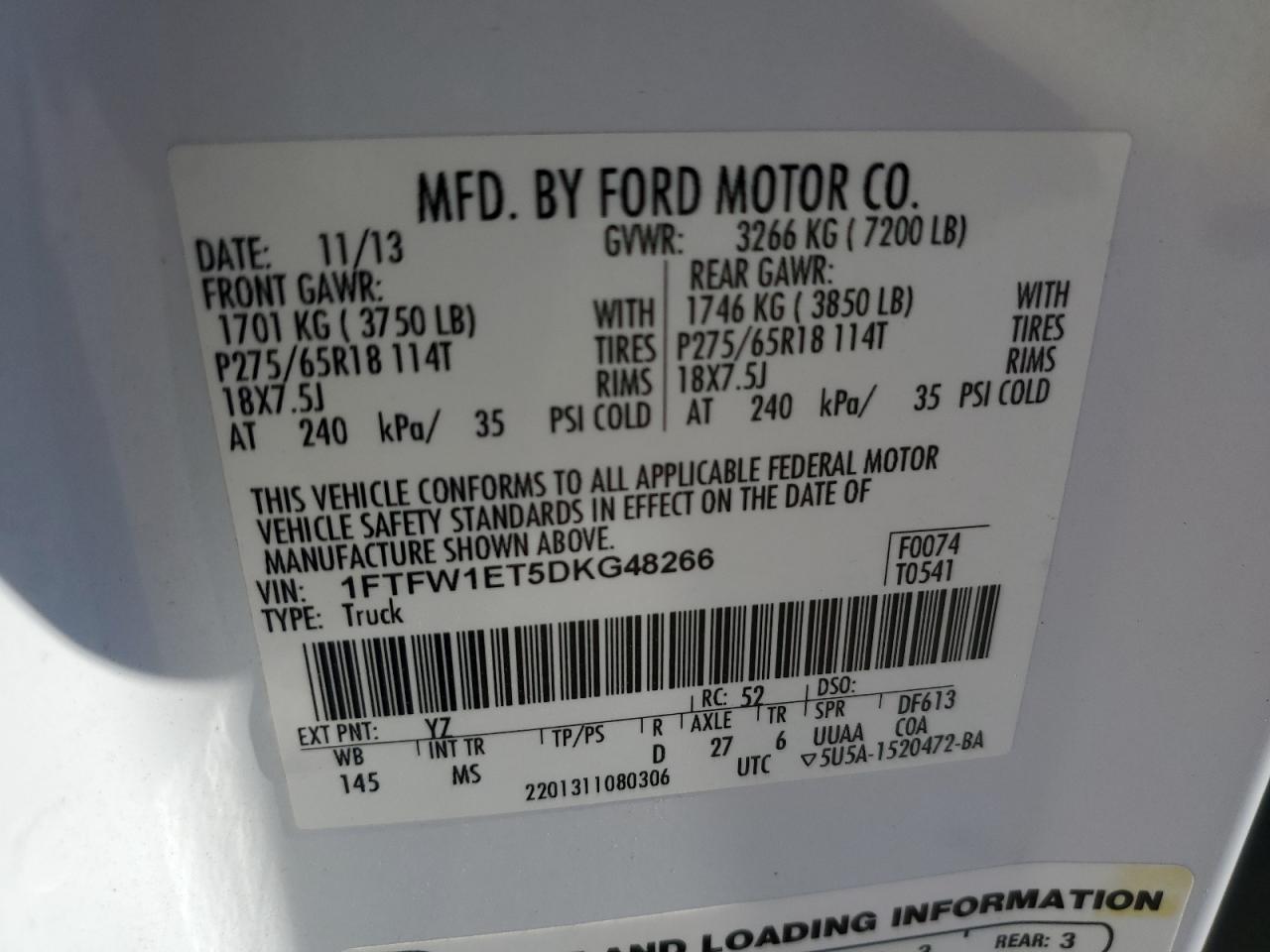 VIN 1FTFW1ET5DKG48266 2013 FORD F-150 no.12