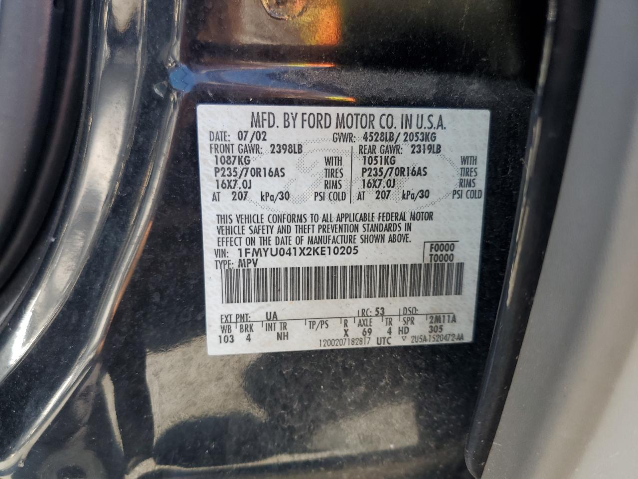 2002 Ford Escape Xlt VIN: 1FMYU041X2KE10205 Lot: 74046214