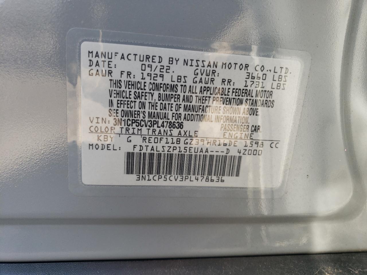 3N1CP5CV3PL478636 2023 Nissan Kicks Sv