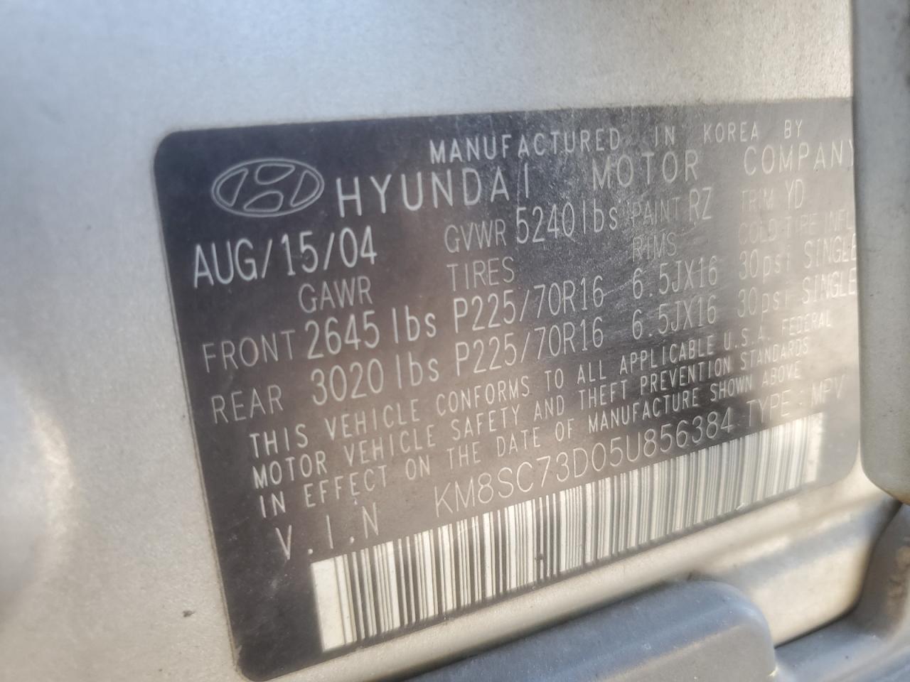 KM8SC73D05U856384 2005 Hyundai Santa Fe Gls