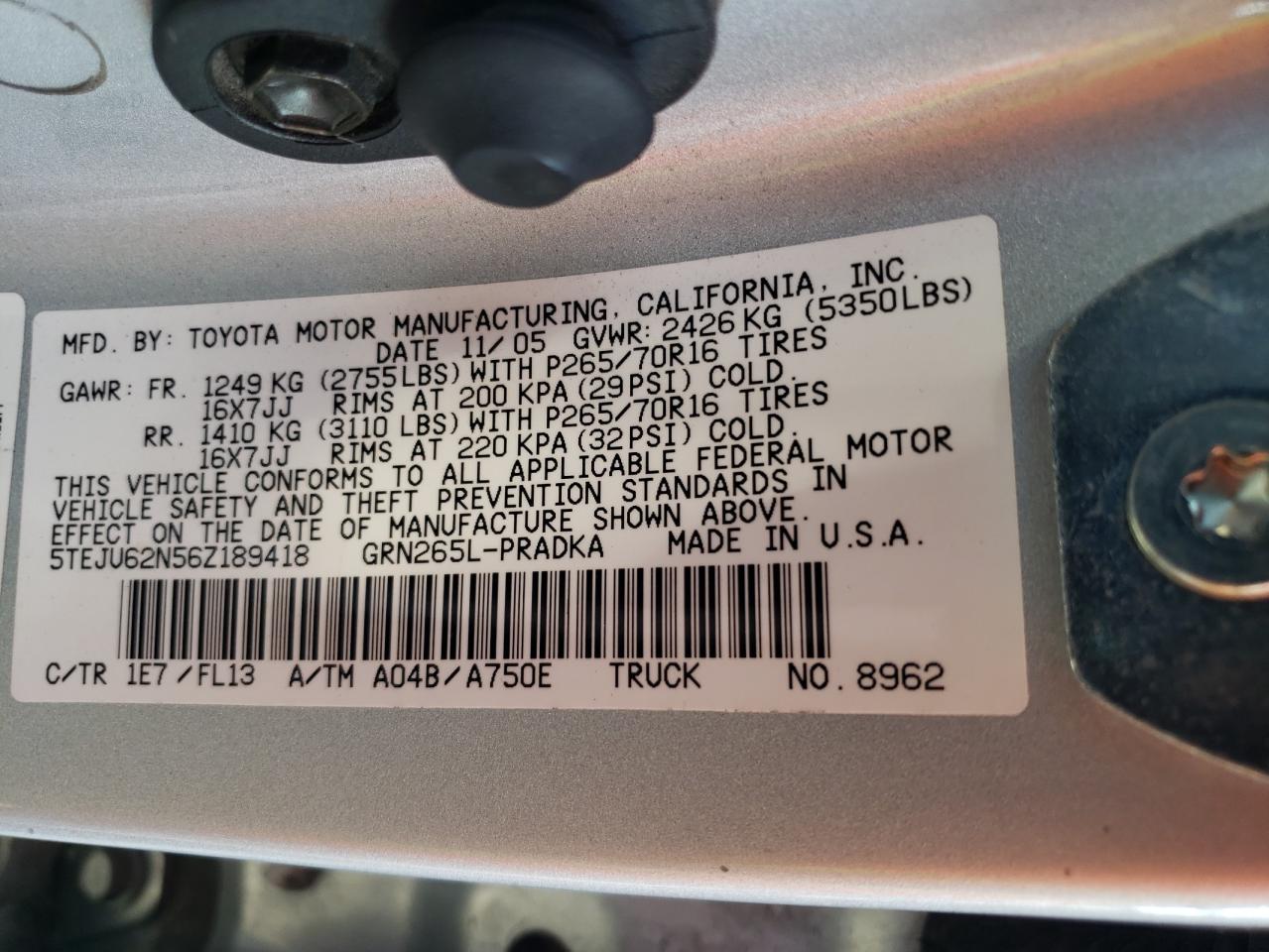 5TEJU62N56Z189418 2006 Toyota Tacoma Double Cab Prerunner