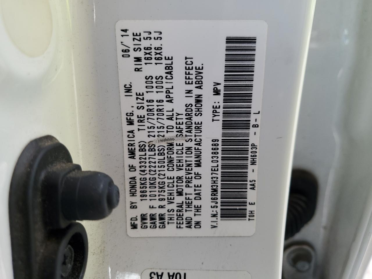 5J6RM3H37EL038689 2014 Honda Cr-V Lx