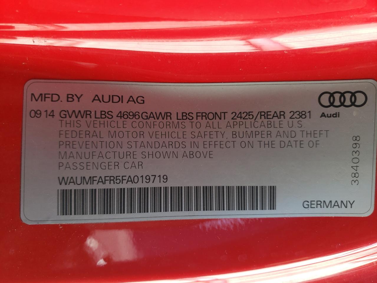 WAUMFAFR5FA019719 2015 Audi A5 Premium Plus