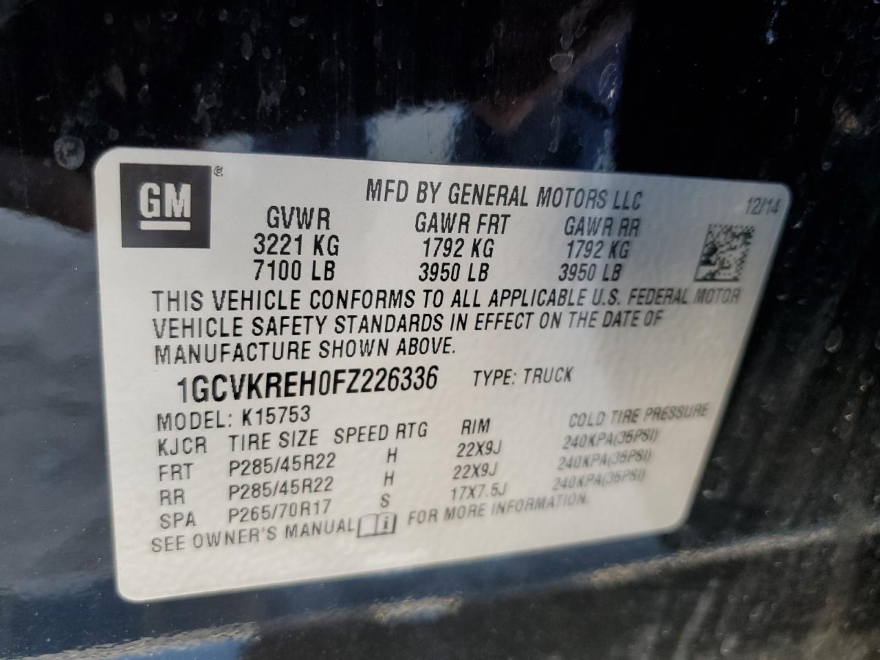 VIN 1GCVKREH0FZ226336 2015 CHEVROLET ALL Models no.12