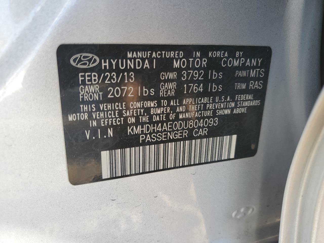 2013 Hyundai Elantra Gls VIN: KMHDH4AE0DU804093 Lot: 78719294