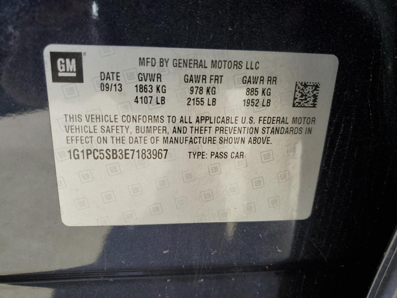 2014 Chevrolet Cruze Lt VIN: 1G1PC5SB3E7183967 Lot: 76394674