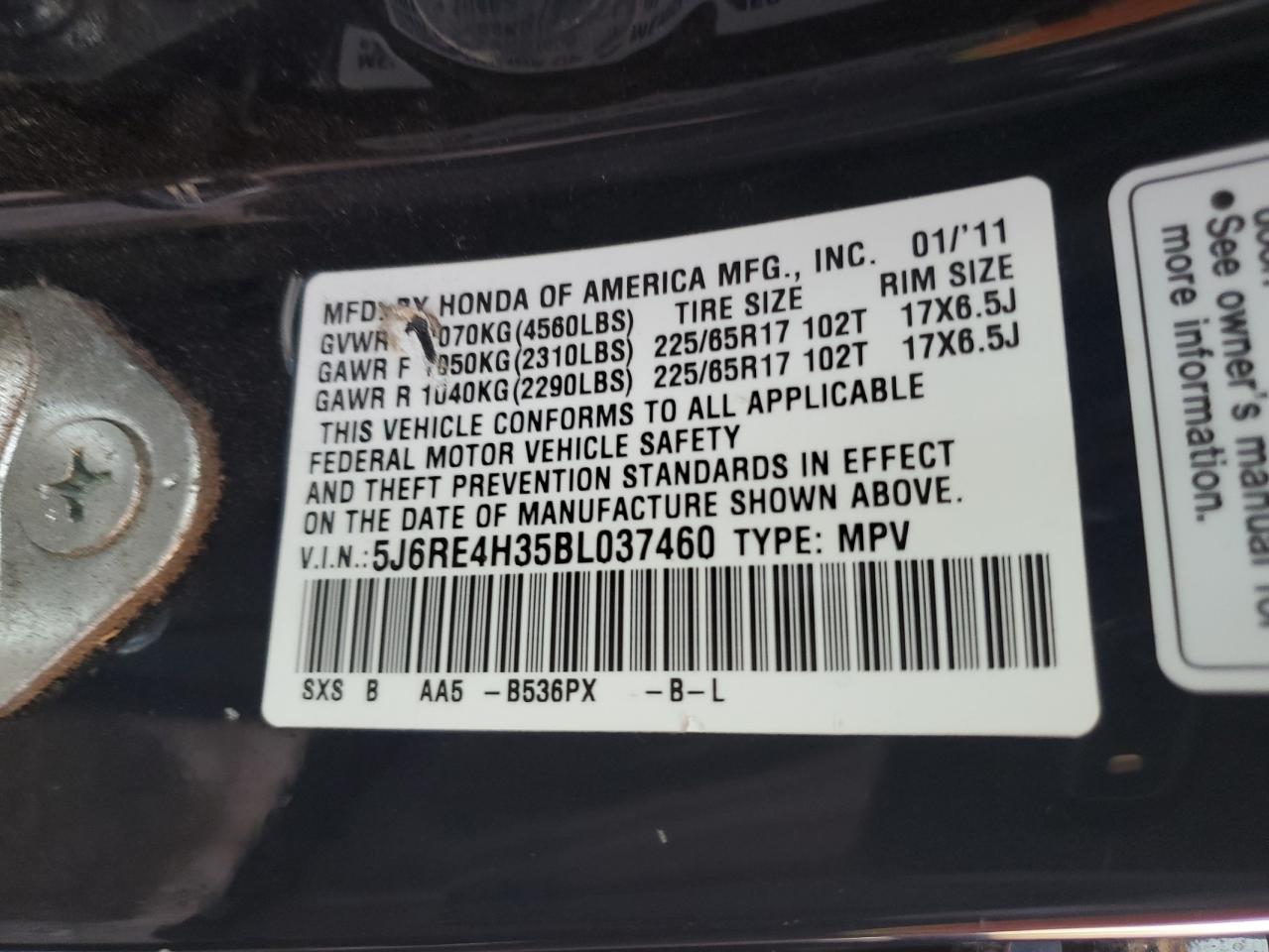 5J6RE4H35BL037460 2011 Honda Cr-V Lx