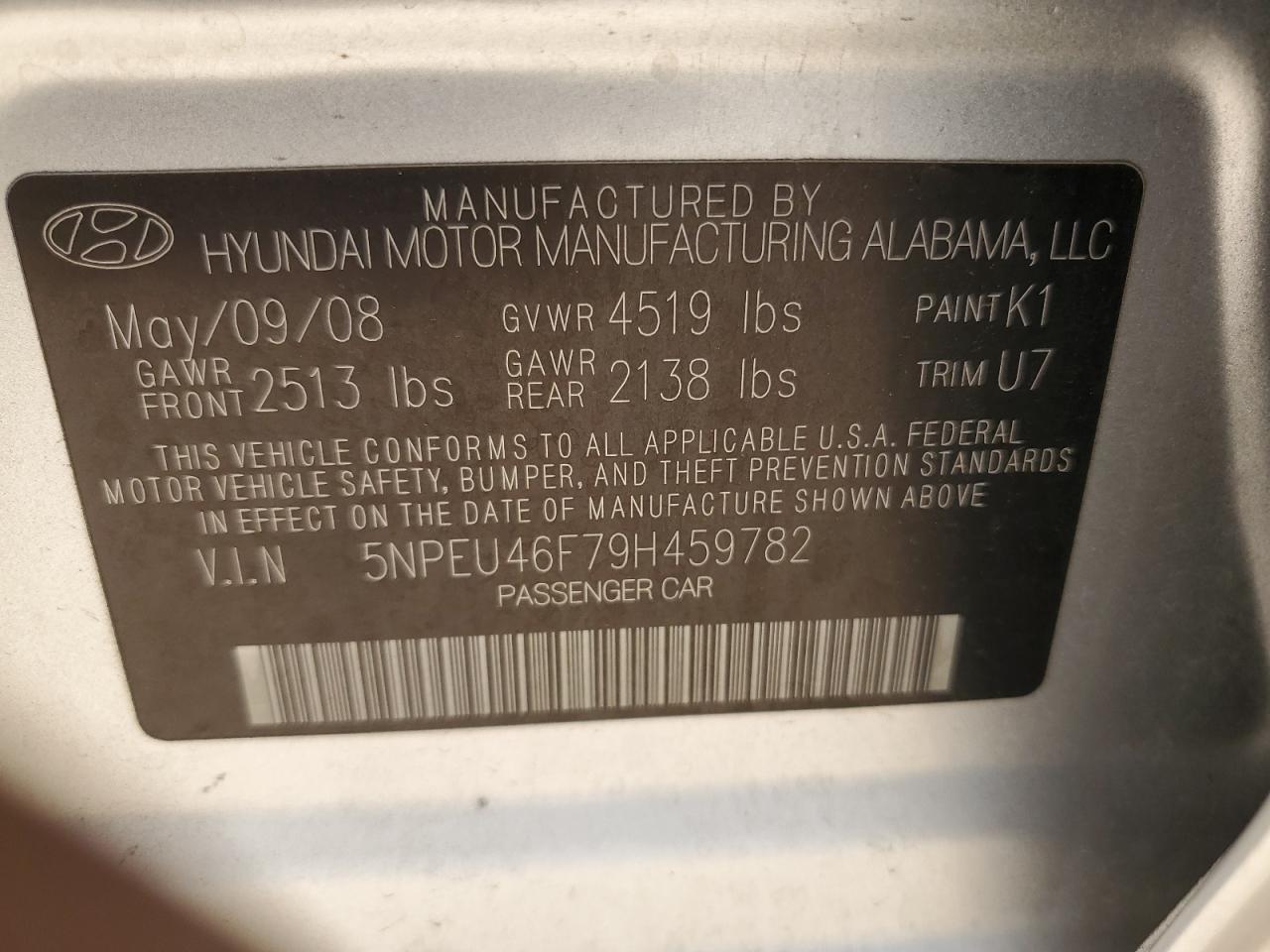 5NPEU46F79H459782 2009 Hyundai Sonata Se