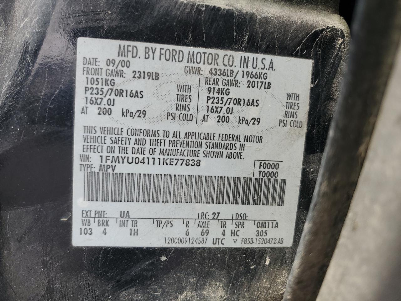 2001 Ford Escape Xlt VIN: 1FMYU04111KE77838 Lot: 75396054