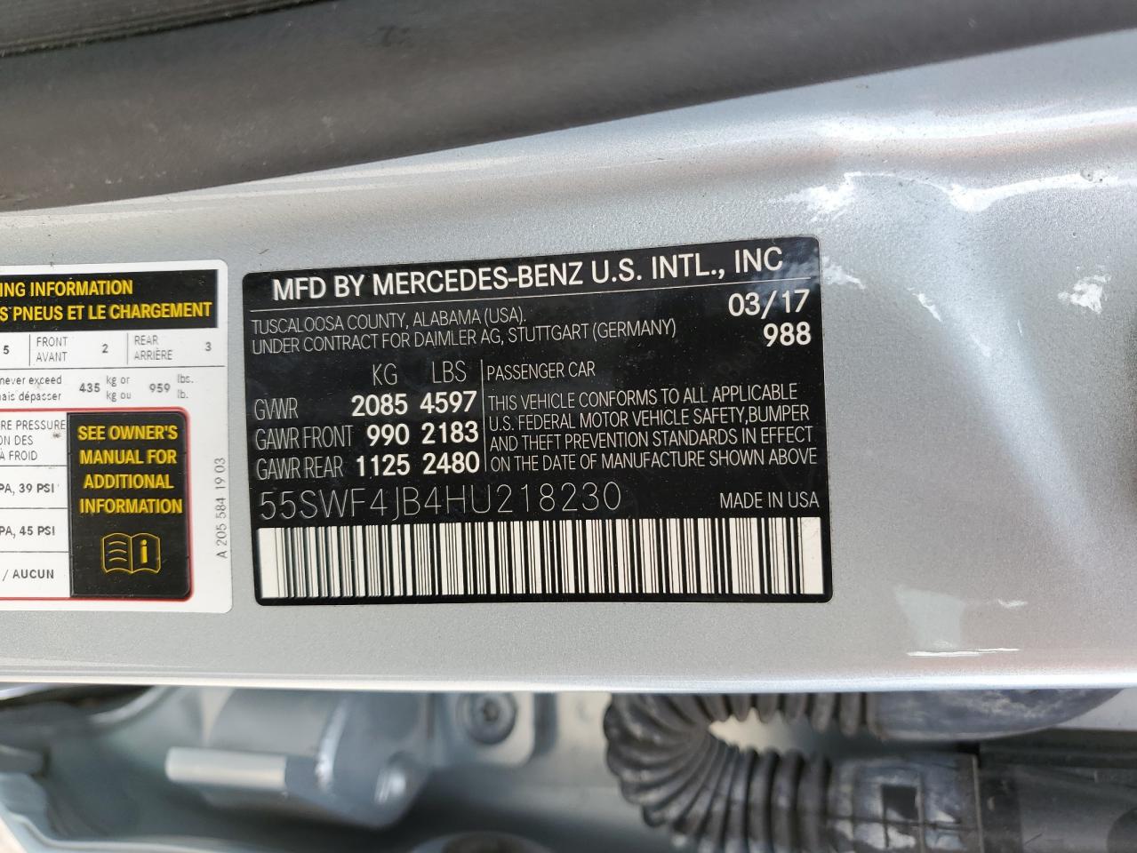 2017 Mercedes-Benz C 300 VIN: 55SWF4JB4HU218230 Lot: 74298494