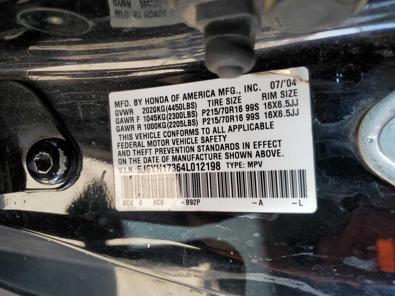 2004 Honda Element Lx VIN: 5J6YH17364L012198 Lot: 78049714