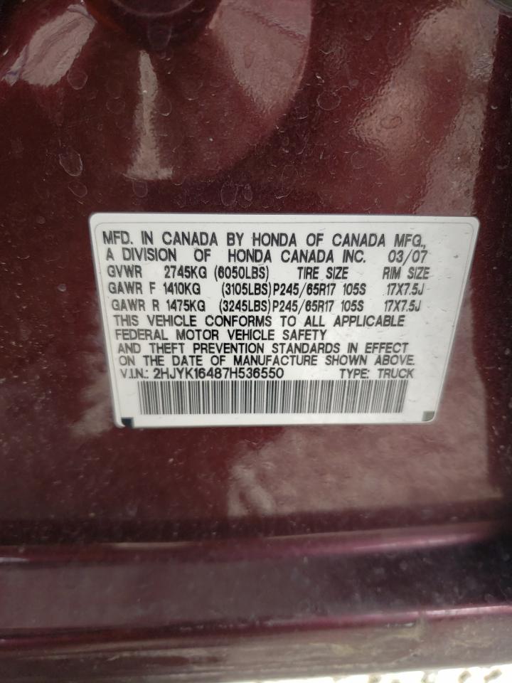 2007 Honda Ridgeline Rts VIN: 2HJYK16487H536550 Lot: 78397864