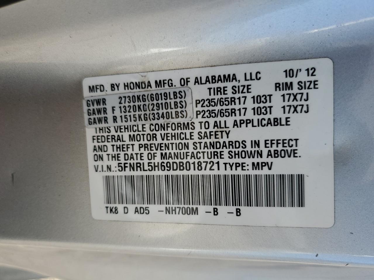 VIN 5FNRL5H69DB018721 2013 HONDA All Models no.14