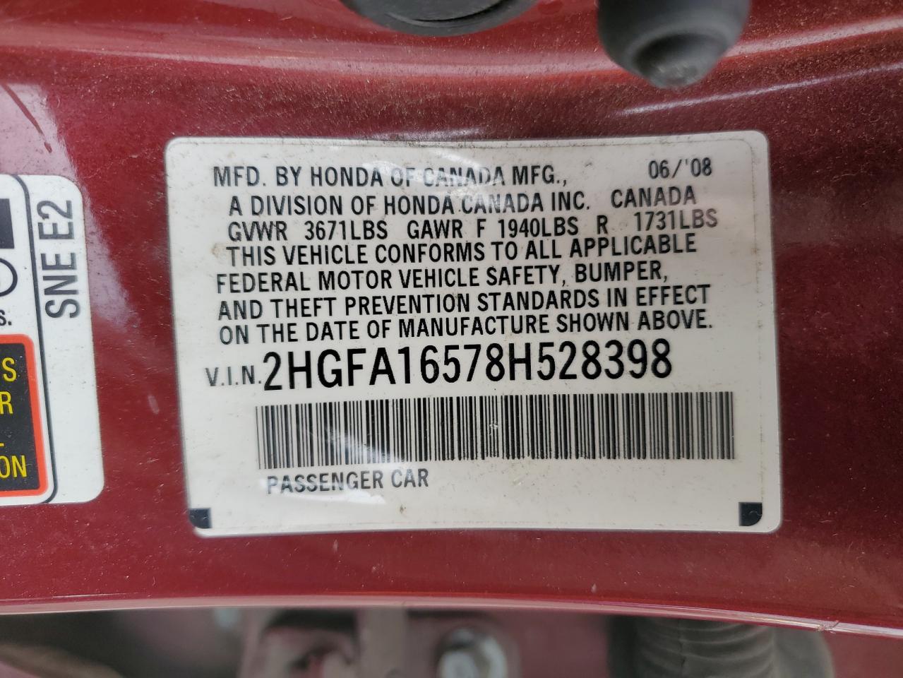 2HGFA16578H528398 2008 Honda Civic Lx 2HGFA16578H528398 2008 Honda Civic Lx