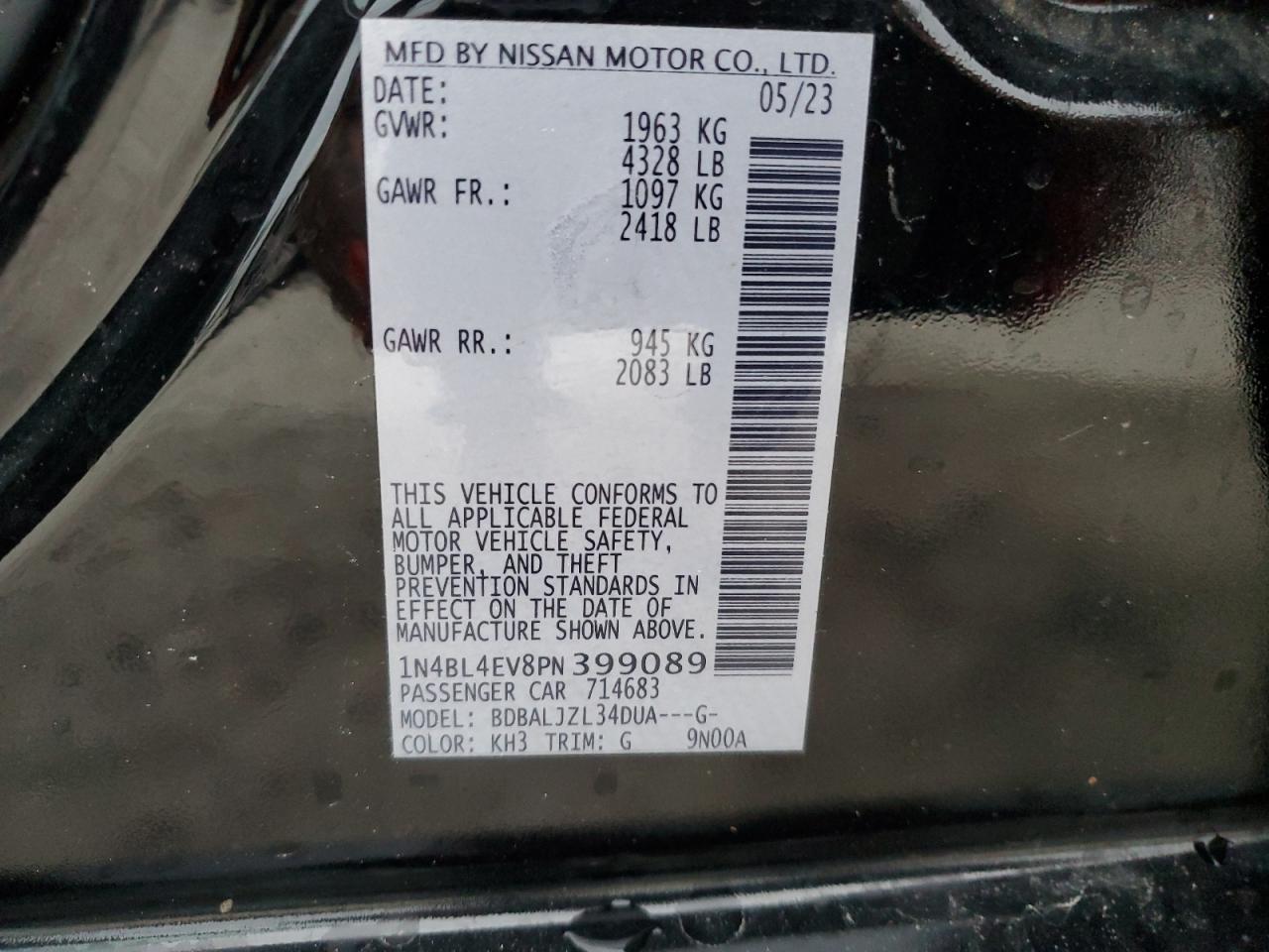 2023 Nissan Altima Sl VIN: 1N4BL4EV8PN399089 Lot: 76289704