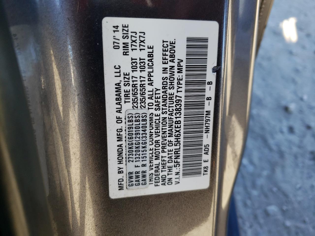 5FNRL5H6XEB138397 2014 Honda Odyssey Exl