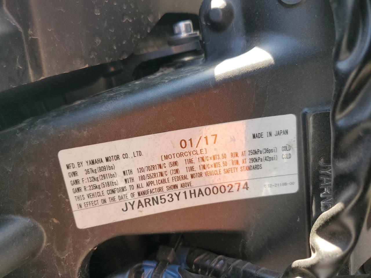 JYARN53Y1HA000274 2017 Yamaha Fz09 C