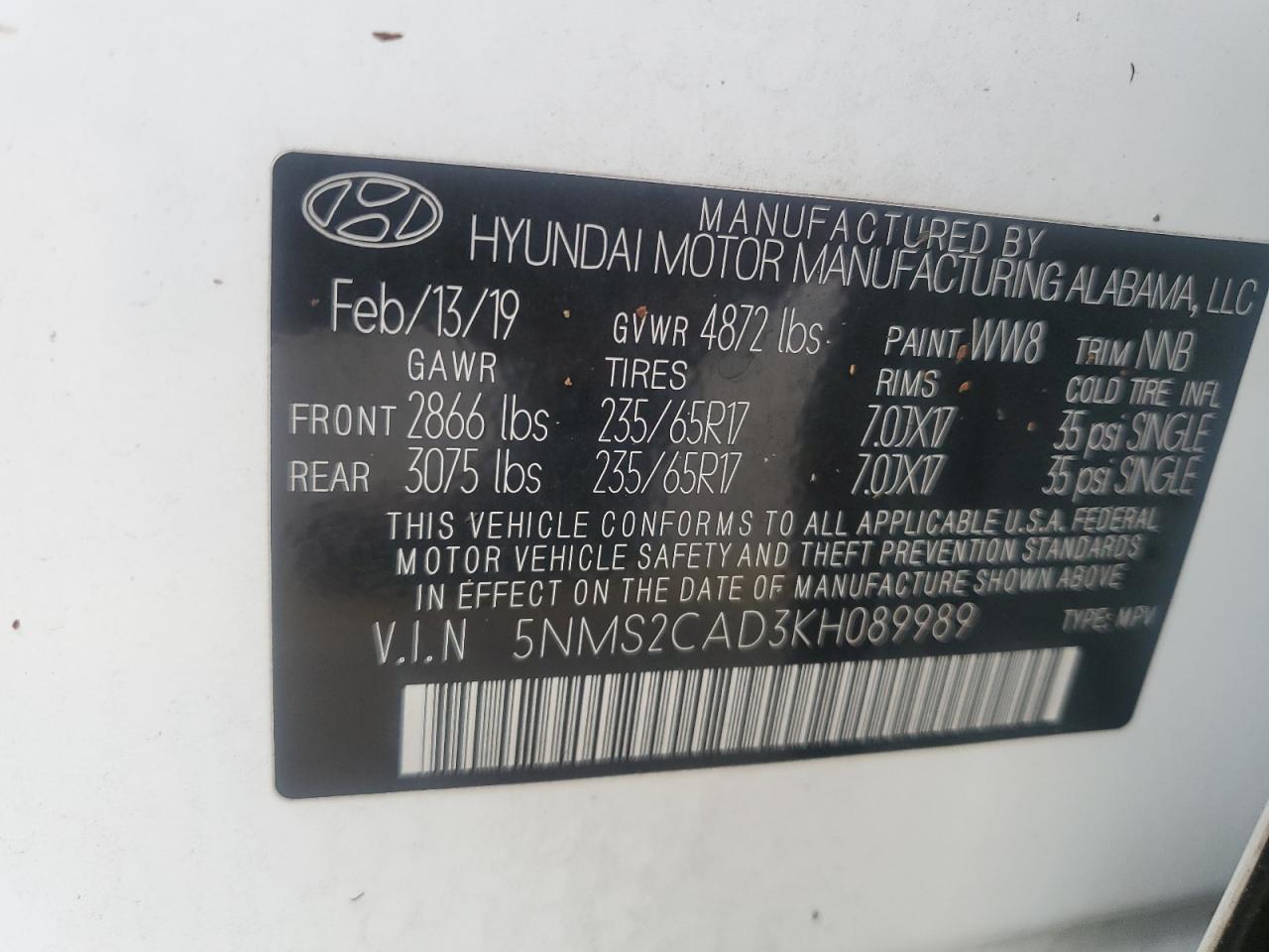 5NMS2CAD3KH089989 2019 Hyundai Santa Fe Se