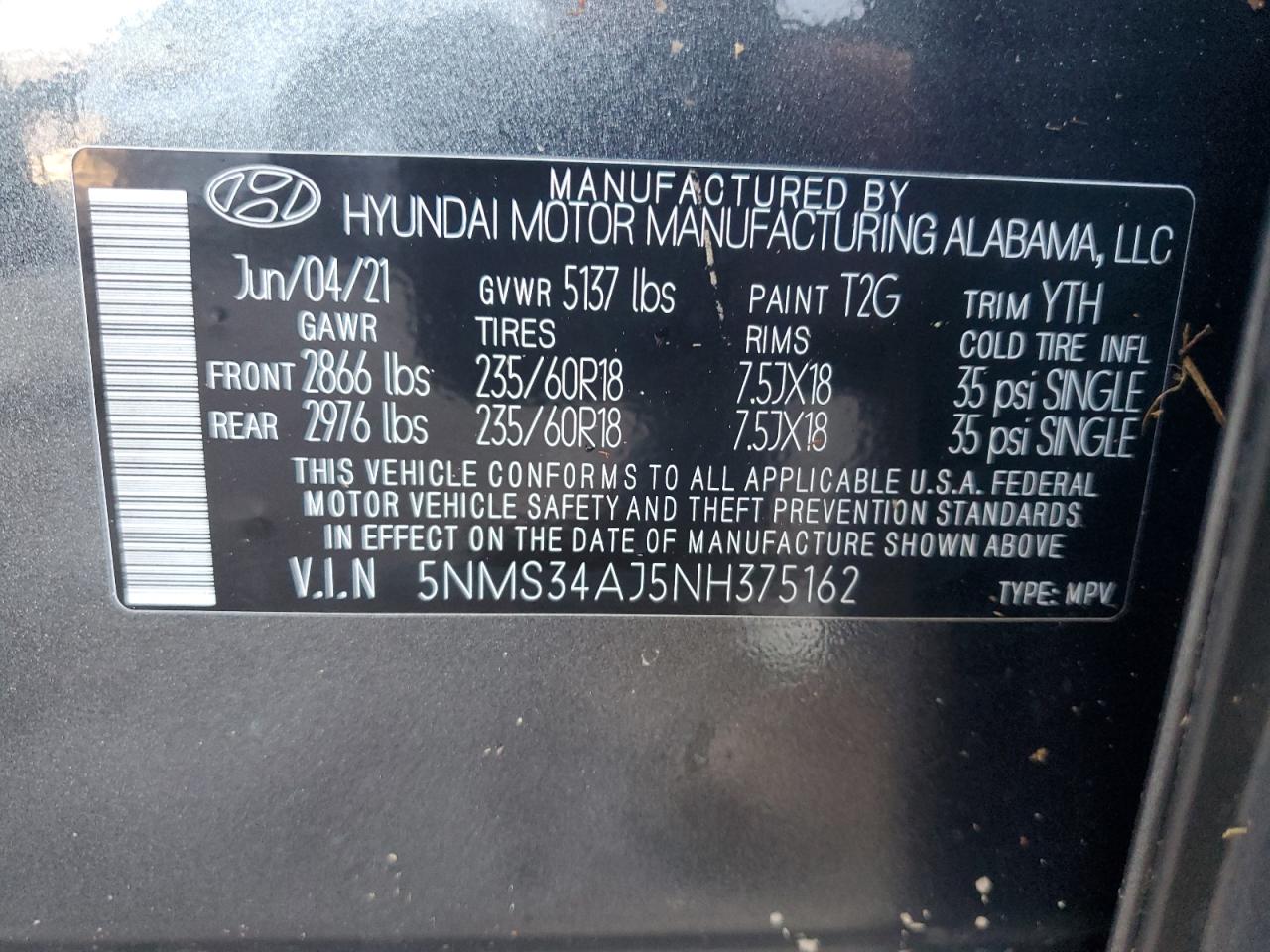 5NMS34AJ5NH375162 2022 Hyundai Santa Fe Sel