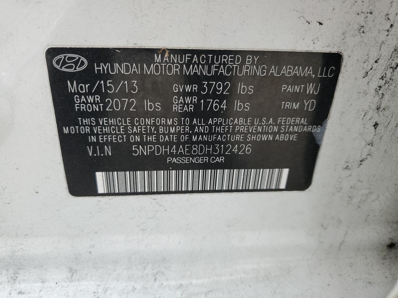 2013 Hyundai Elantra Gls VIN: 5NPDH4AE8DH312426 Lot: 76637834