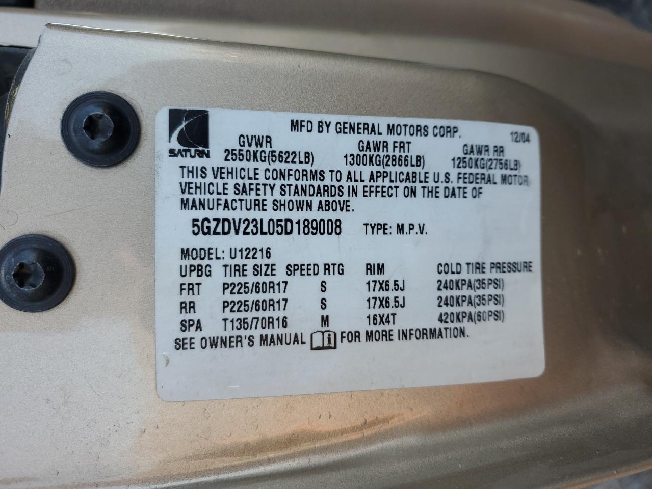 2005 Saturn Relay 3 VIN: 5GZDV23L05D189008 Lot: 78194524