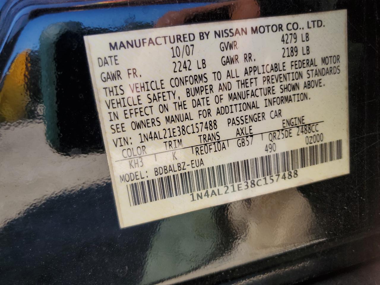 2008 Nissan Altima 2.5 VIN: 1N4AL21E38C157488 Lot: 76396774