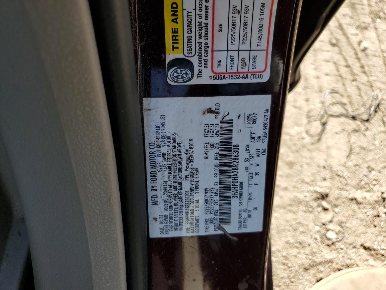 2011 Ford Fusion Se VIN: 3FAHP0HA2BR286308 Lot: 75547724